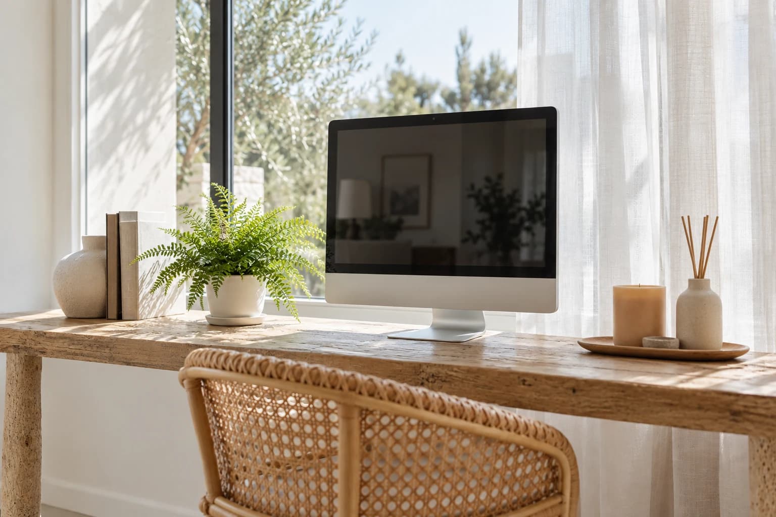 Studio luminos de design de produs cu spațiu de lucru desktop